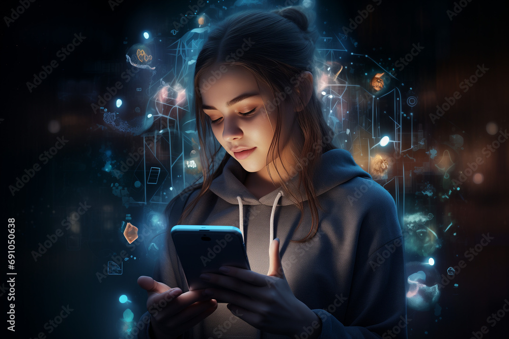Young digital native woman using smart phone Social media concept Young digital native woman using smart phone Social media concept