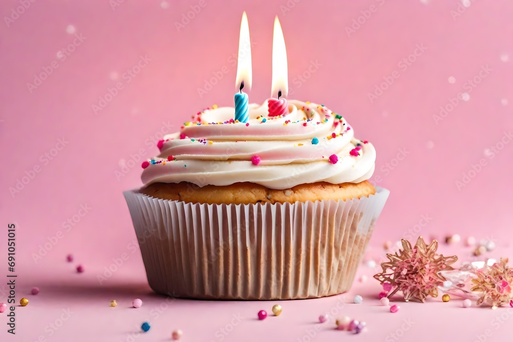 Birthday cupcake with a candle on a light pink background