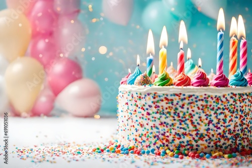 Birthday cake covered in sprinkles on a white table, minimalism style with glowing bokeh