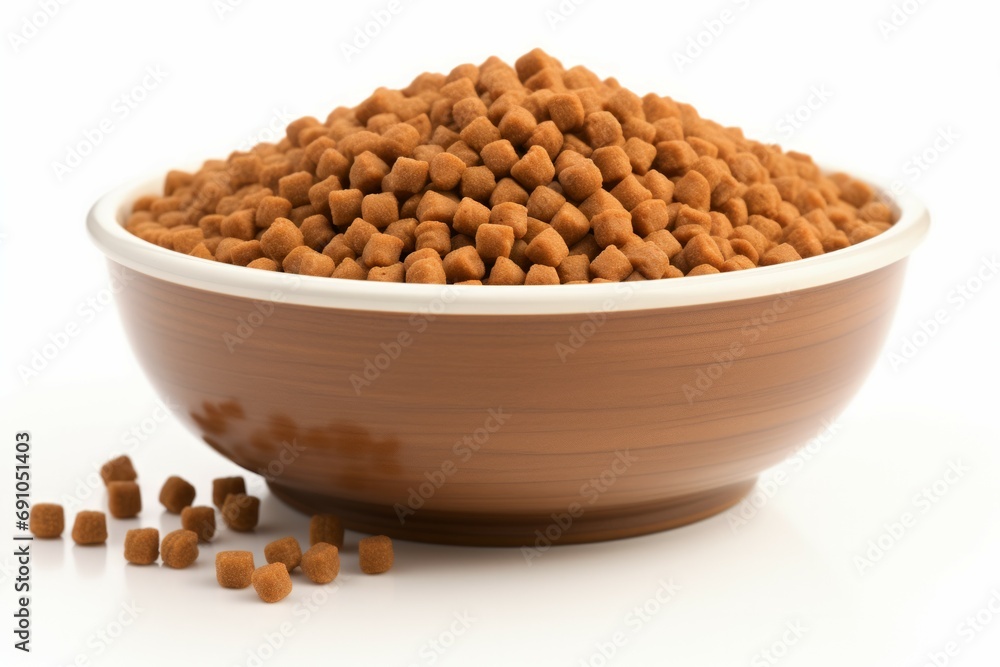 Brown kibble pieces for cat feed in a metal bowl isolated on white background. Healthy dry pet food Brown kibble pieces for cat feed in a metal bowl isolated on white background. Healthy dry pet food