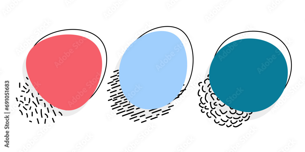 Set of three decorative spots, blot, with linear elements and abstract textures. Minimalistic elements for the design of websites, flyers, banners in brights colors. Isolated on white background. Set of three decorative spots, blot, with linear elements and abstract textures. Minimalistic elements for the design of websites, flyers, banners in brights colors. Isolated on white background.