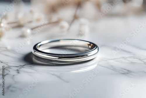 A minimalist silver ring on a polished marble surface