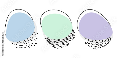 Set of three decorative spots, blot, with linear elements and abstract textures. Minimalistic elements for the design of websites, flyers, banners in pastel colors. Isolated on white background.