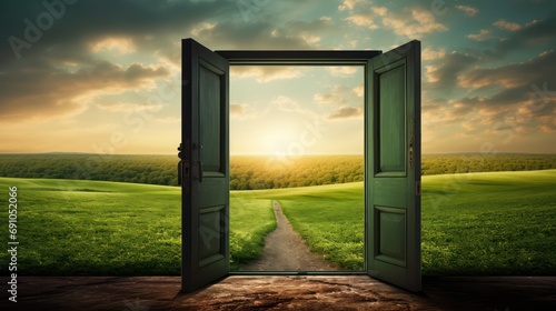 There is a door in a green field. When you open it, you can enter a different world, door and door frame, Beyond the gate, a desert comes into view 