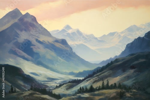 mountain landscape  mountains at dawn  oil painting  Generative AI 