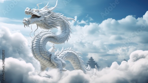 White dragon rising into the sky above the clouds, in the style of confucian ideology, rendered in maya, made of rubber, flickr, realistic forms, stylish, © sambath