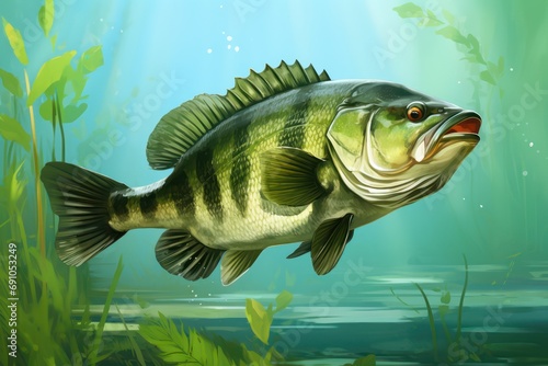Fishing trophy - big freshwater perch in water on green background. 