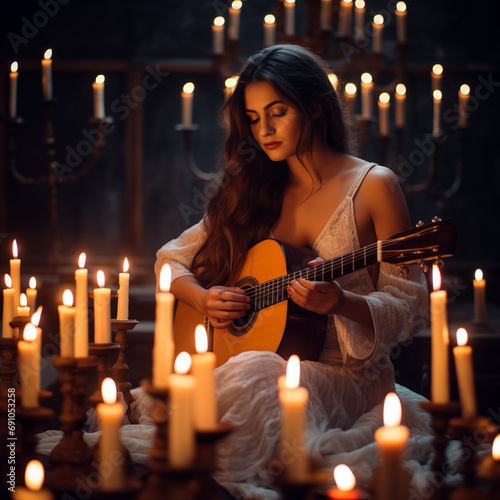 A beautiful woman sings a song on guitar with candles