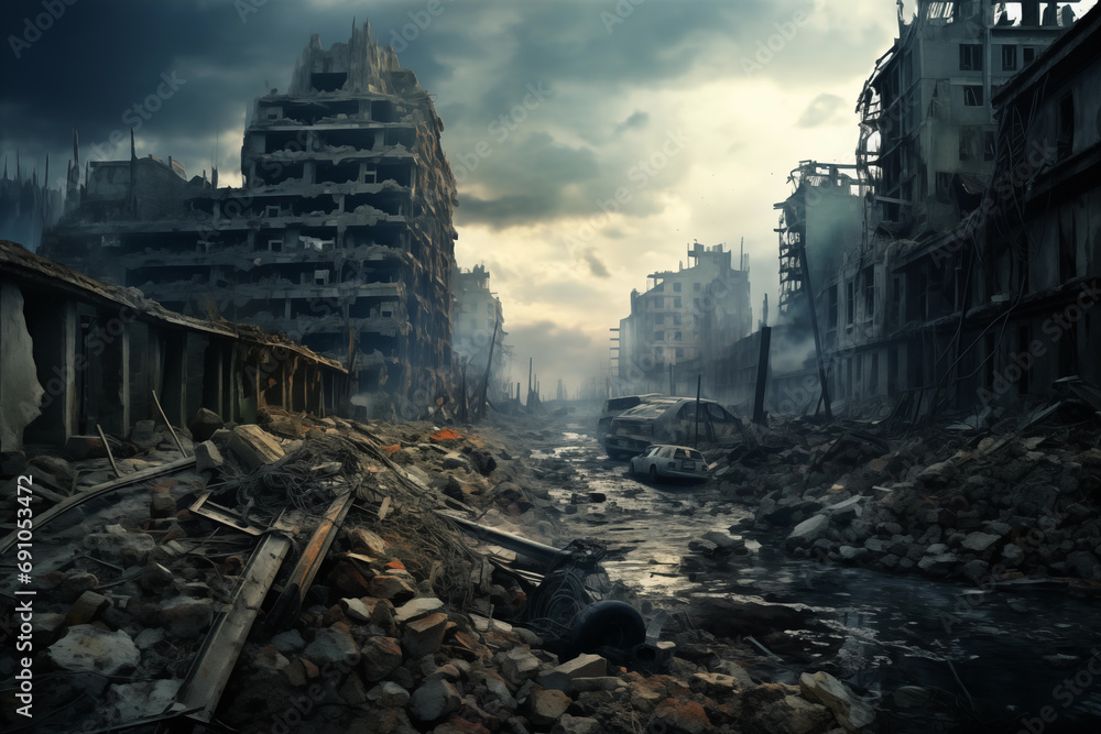 The city was destroyed by the raids. Cityscape in ruins, capturing the impact of destruction - obrazy, fototapety, plakaty 