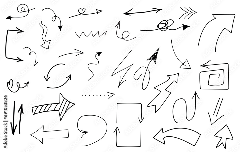 Set of hand drawn arrows. Set simple arrows isolated on white background. Arrow mark icons. Doodle paint . Set of hand drawn arrows. Set simple arrows isolated on white background. Arrow mark icons. Doodle paint .