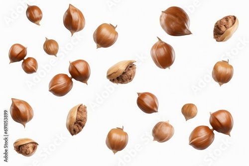 Falling whole hazelnuts isolated