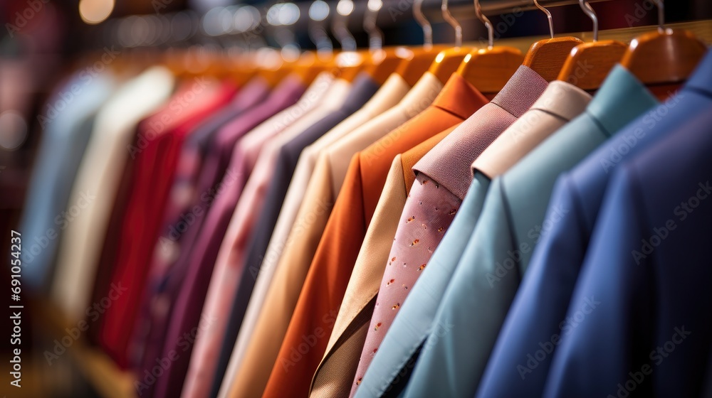 Various men suits hung on hooks. Generative Ai.