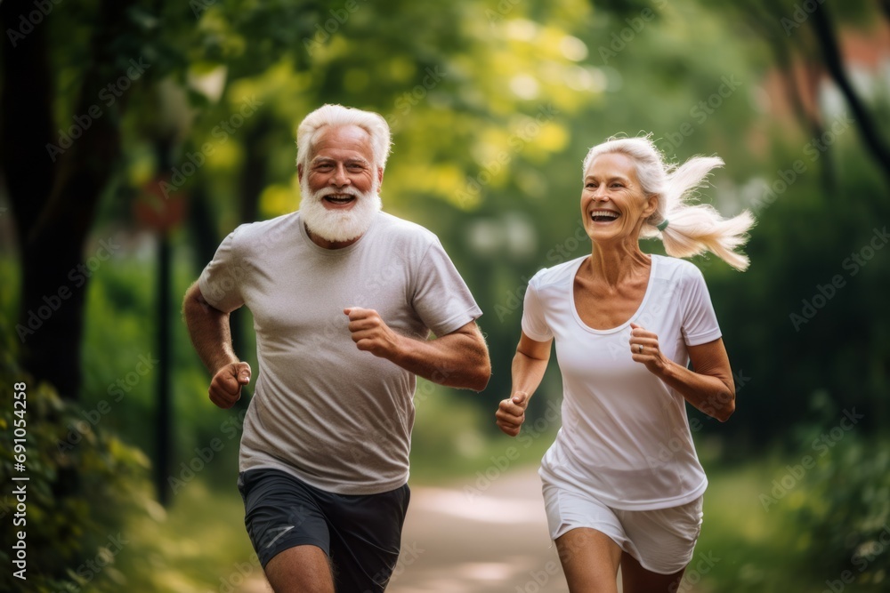 Retirement, couple and running fitness health for body and heart wellness with natural ageing. Married, mature and senior people enjoy nature run together for cardiovascular vitality workout.