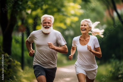 Retirement, couple and running fitness health for body and heart wellness with natural ageing. Married, mature and senior people enjoy nature run together for cardiovascular vitality workout. © Werckmeister
