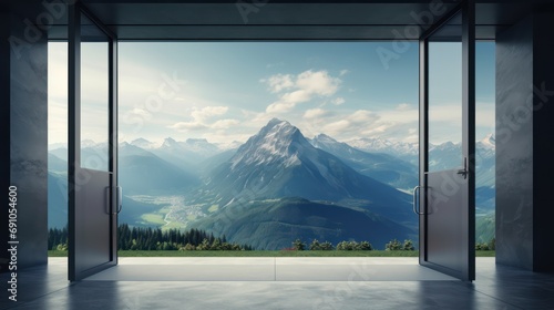 A single open door in a financial center, mountain landscape 
