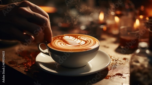 A barista creates latte art with a cup of coffee. Generative Ai.