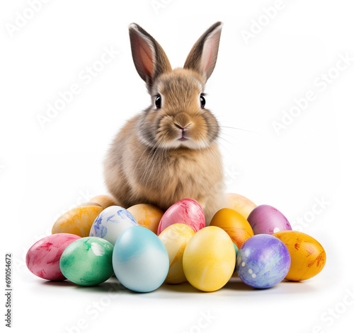 adorable little brown easter bunny sitting in a pile of colored easter eggs isolated on white background made with generative ai © pkasso