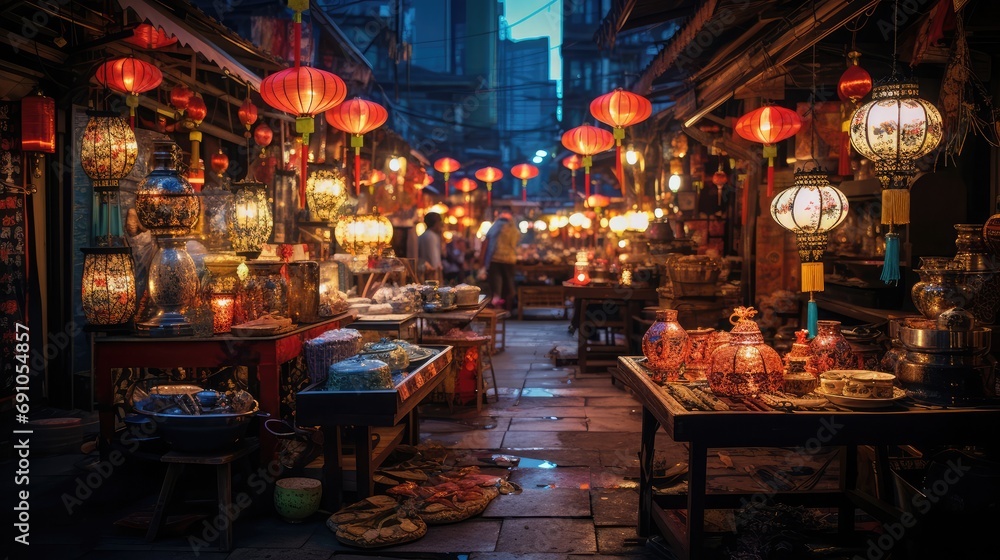 A vibrant night market in a bustling Asian city, with colorful lanterns and exotic goods on display.