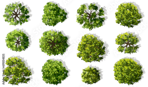Vertor set of green tree,plants top view for landscape plan,schematic layout,eco environment concept design,watercolor greenery illustration