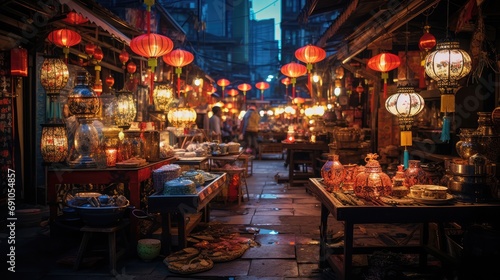 A vibrant night market in a bustling Asian city, with colorful lanterns and exotic goods on display.