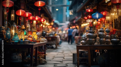 A vibrant night market in a bustling Asian city, with colorful lanterns and exotic goods on display. 