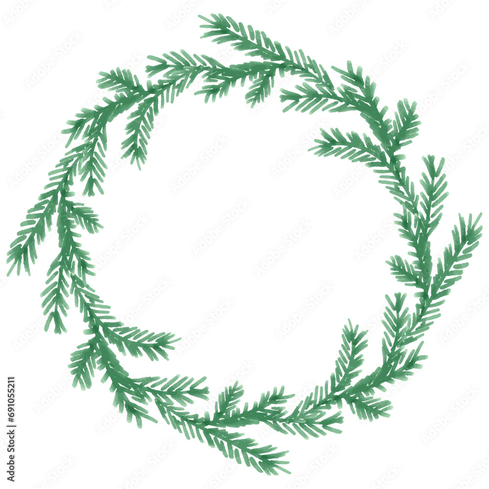 Decorative wreath from watercolor  drawings green christmas tree branches