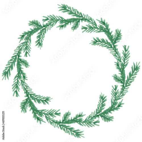 Decorative wreath from watercolor  drawings green christmas tree branches