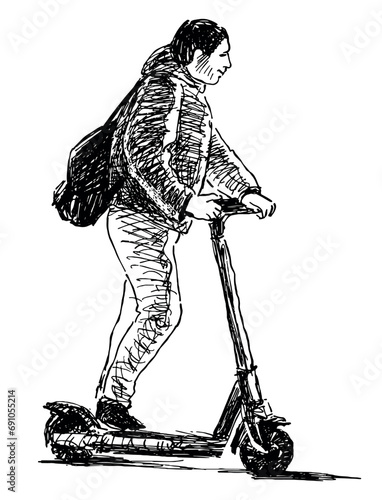 Hand drawing of casual citizen riding a scooter