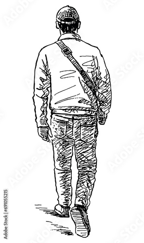 Hand drawing of casual man walking outdoors alone