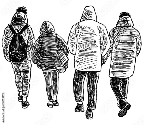 Hand drawing of casual urban pedestrians walking down street