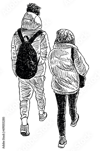 Hand drawing of students couple walking together down street 