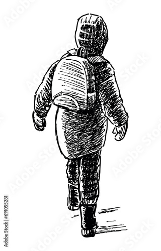 Hand drawing of little schoolboy with backpack striding down street