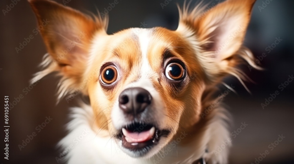 Young crazy surprised dog make big eyes closeup. surprised dog funny face big eyes. Young dog looking surprised and scared. Emotional surprised wide big eye dog at home, high quality photo Young crazy surprised dog make big eyes closeup. surprised dog funny face big eyes. Young dog looking surprised and scared. Emotional surprised wide big eye dog at home, high quality photo