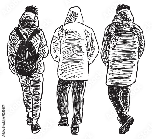 Sketch of three casual urban pedestrians walking together down street 