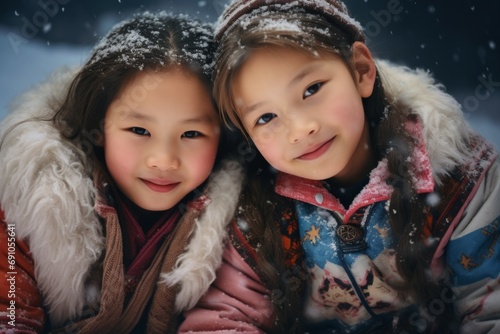Portrait of two smiling siblings lying on snow, Two smiling kids in warm clothes are hugging in a snowy park. Winter walks, lifestyle