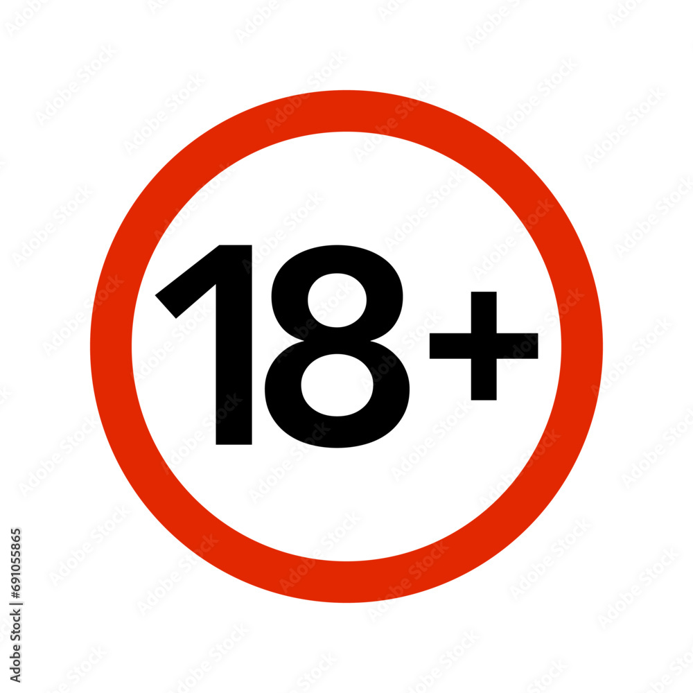 Red limit sign icon of 18+ age restriction sign. Red limit sign icon of 18+ age restriction sign.