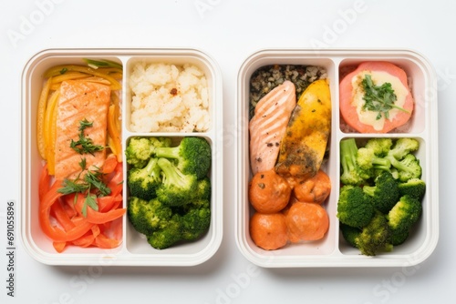 top view of lunch boxes with food rice, meat, salmon  vegetables and fruits centered on white background © Werckmeister