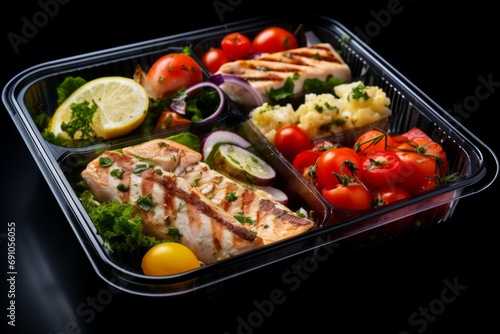 top view of lunch boxes with food rice, meat, salmon vegetables and fruits centered on black background