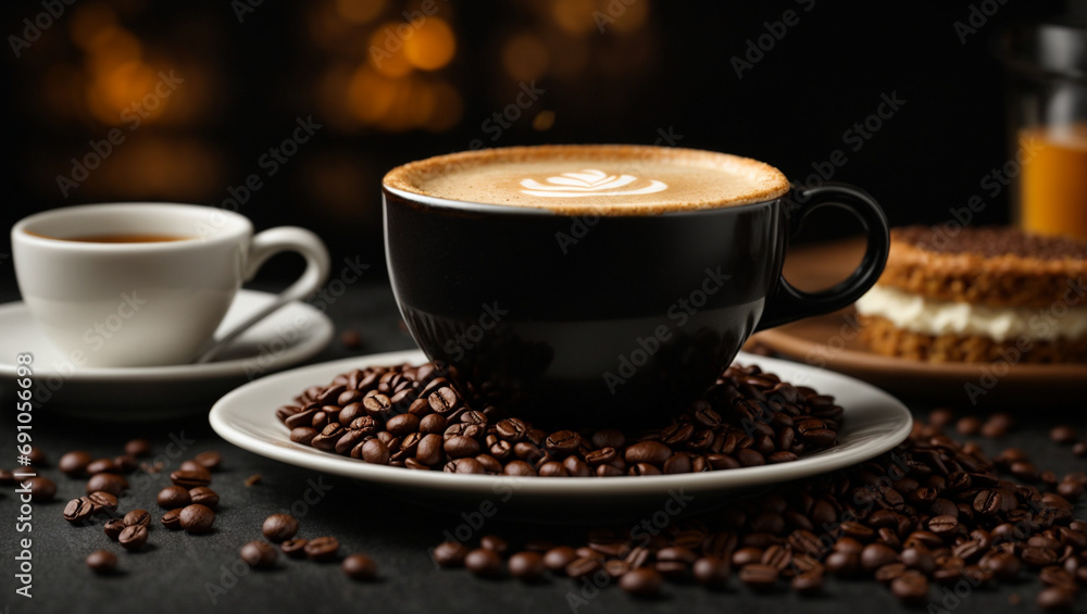 Steaming coffee mug on wooden surface, serene cafe atmosphere Steaming coffee mug on wooden surface, serene cafe atmosphere