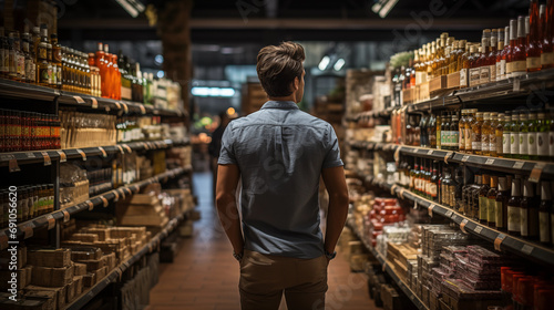 A man between rows in a store making a choice. Back view. Generate Ai