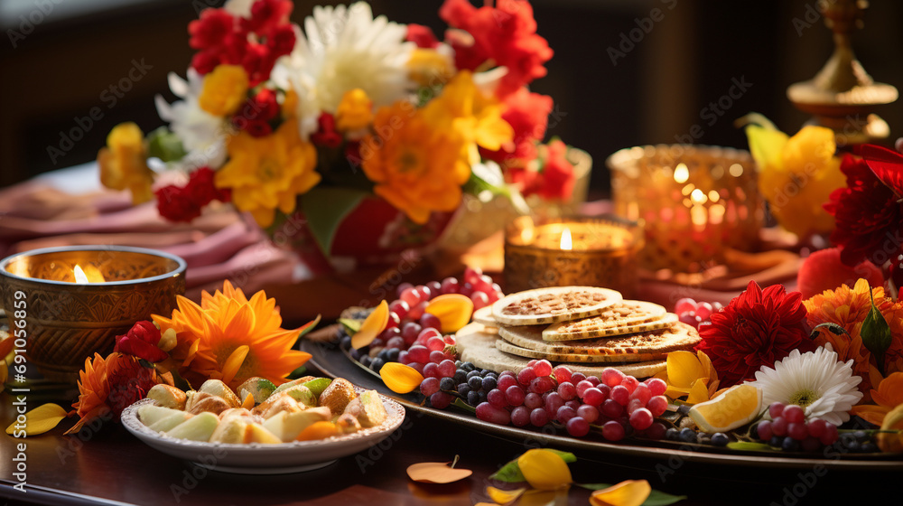 A close-up of offerings like floral garlands, fruits, and sweets arranged with utmost care.