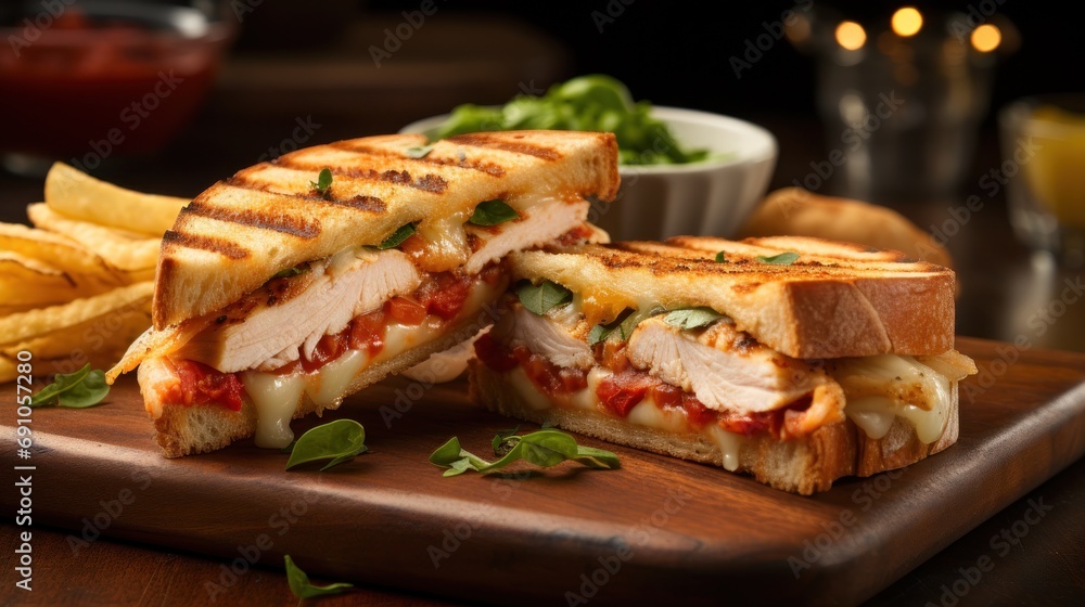 Pressed club sandwich with chicken, tomato, and cheese. Generative Ai. Pressed club sandwich with chicken, tomato, and cheese. Generative Ai.