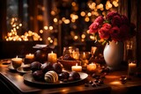 small chocolate in cubic form decorated on the table with roses placed on it chocolate abstract background 