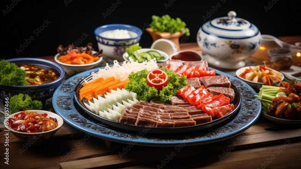 Chinese gourmets are tasting traditional dishes with excellent color, fragrance and taste, light track photography, origami style, 64K, high resolution