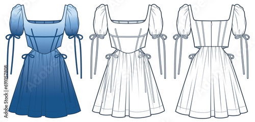 Cutout mini Dress witch Corset technical fashion Illustration. Puffed Sleeve Dress fashion flat technical drawing template, square neck,  zip-up, front, back view, white, blue, women CAD mockup set.