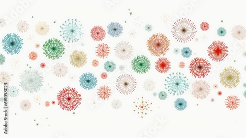 Illustrative style of a bunch of pastel color snowflakes with green and red ball shaped ornaments on white background, sharp/prickly, kinetic patterns, tondo, warmcore  photo