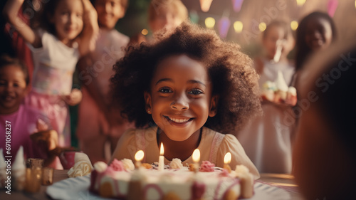 Cheerful little african american kid girl with cake celebrates birthday party with friends. Atmosphere of fun and celebration