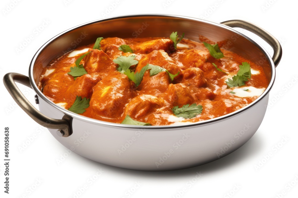 Indian butter chicken curry in balti dish isolated on transparent or white background - obrazy, fototapety, plakaty 