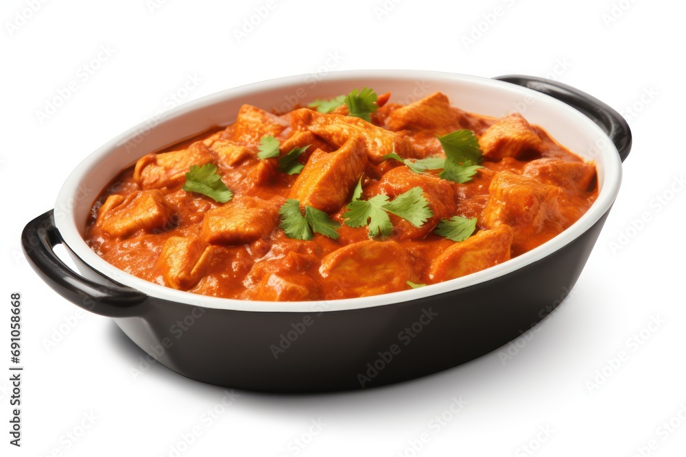 Indian butter chicken curry in balti dish isolated on transparent or white background - obrazy, fototapety, plakaty 