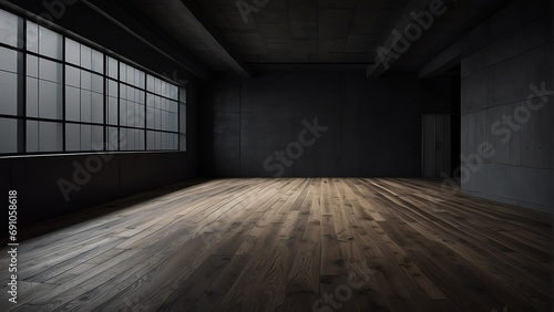 Empty black dark room with wooden flooring and concrete walls from Generative AI